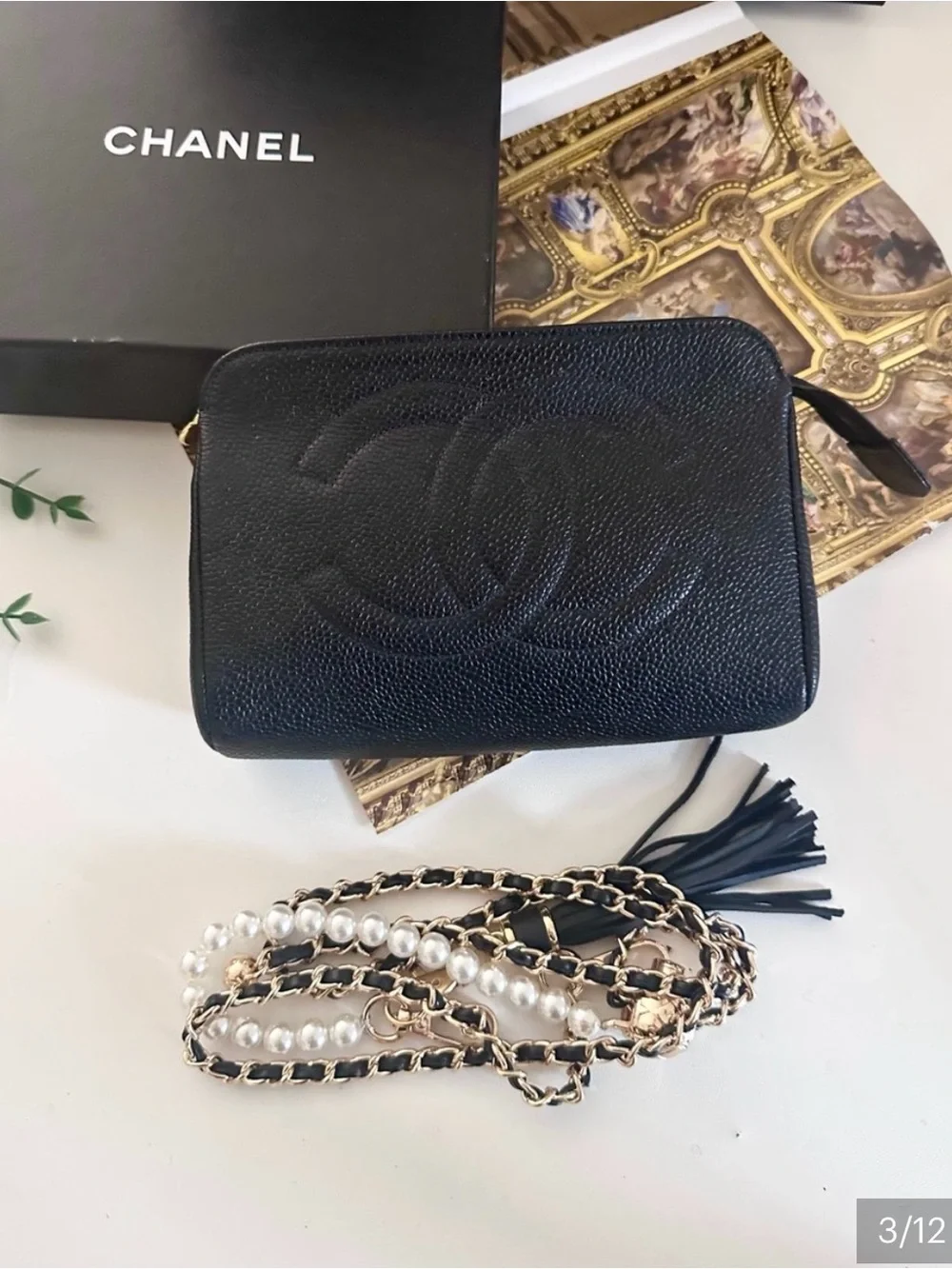 CHANEL Black Caviar Quilted CC Crossbody with Pearl Accent Chanel box bag roset